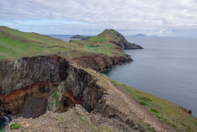 Scenic view of sea and mountains against sky