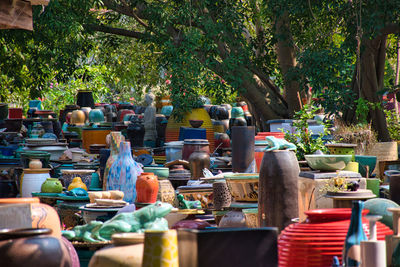 Table and chairs at market stall