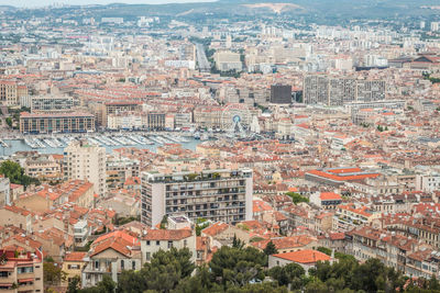 High angle view of buildings in city