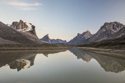 Reflection of mountains in lake against sky