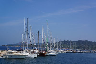 Sailboats moored on sea against blue sky