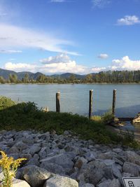 Scenic view of lake against cloudy sky