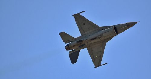 Low angle view of fighter plane flying in clear sky