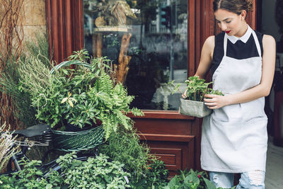 Florist carrying potted plant while standing at entrance