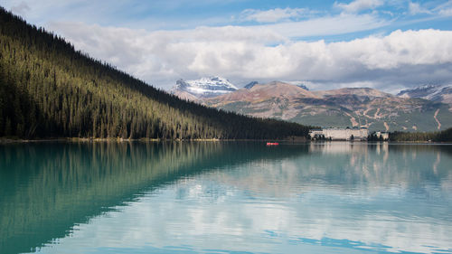 Scenic view of lake by mountains against sky