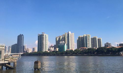 River by modern buildings against clear blue sky
