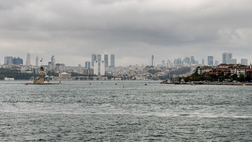 City at waterfront against cloudy sky