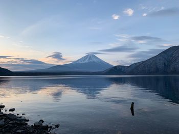 Scenic view of lake and mountains against sky