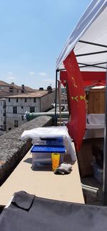 View of red ship against clear sky