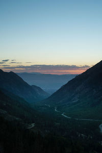 Scenic view of mountains against clear sky during sunset