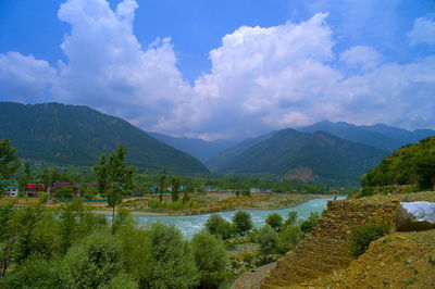 Scenic view of lake and mountains against sky