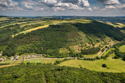 Aerial view of a landscape in rhineland-palatinate on the river glan with the village jeckenbach 