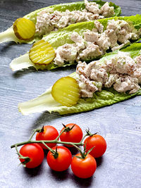 High angle view of tomatoes on table