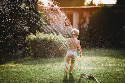 Young child running under the water from the sprinkler in garden