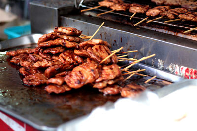 Close-up of meat skewers