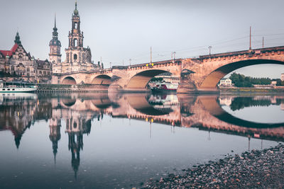 Bridge over river with buildings in background