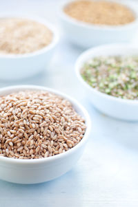 High angle view of rice in bowl on table