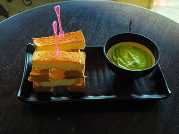 High angle view of dessert in plate on table