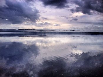 Scenic view of lake against cloudy sky