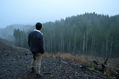 Rear view of man standing on landscape against sky