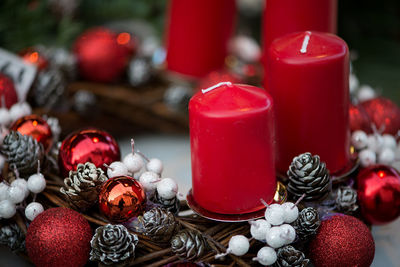 High angle view of christmas decorations on table