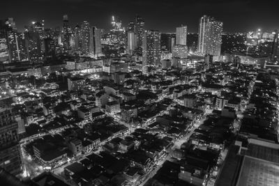 High angle view of illuminated cityscape at night