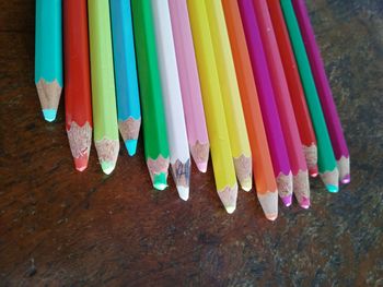 High angle view of colorful pencils