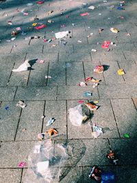 High angle view of garbage on footpath