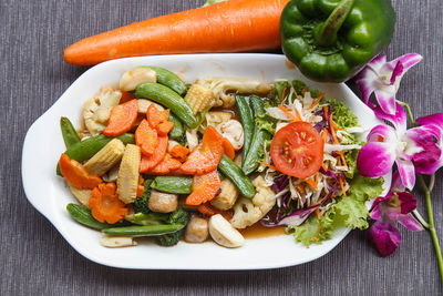 High angle view of salad in plate on table