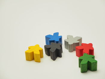 High angle view of toys against white background
