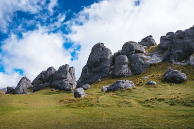 Scenic view of rocks on field against sky