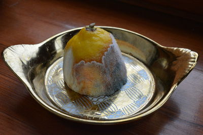 High angle view of bread in plate on table