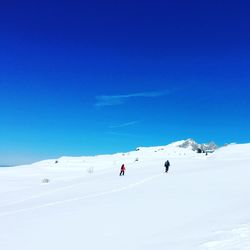 People on snow covered landscape against blue sky