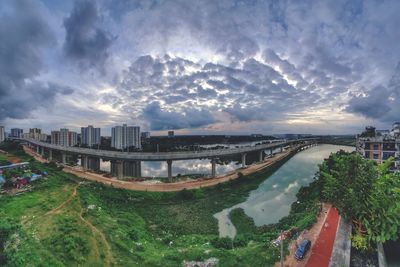 Panoramic view of river and buildings against sky