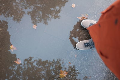 Low section of man standing in puddle