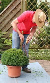 Midsection of man holding potted plant at yard