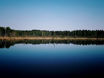 Scenic view of lake against clear blue sky