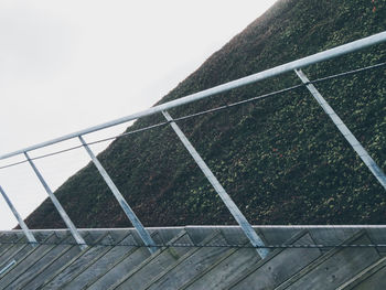 Tilt image of railing against clear sky