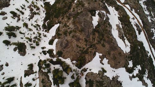 High angle view of snow on rock