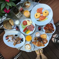 High angle view of breakfast served on table
