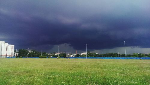 Scenic view of field against cloudy sky