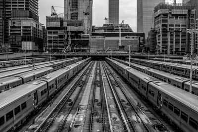 High angle view of railroad tracks in city