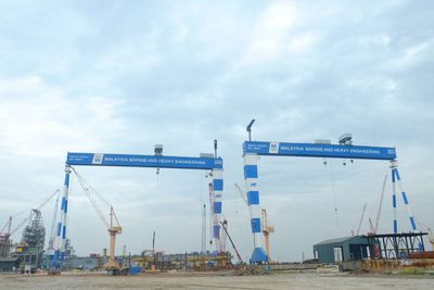 Commercial dock against blue sky