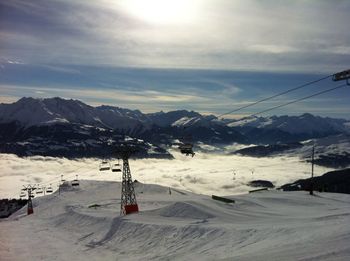 Scenic view of snow covered mountains against sky