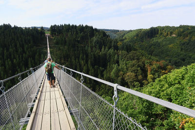 Rear view of man walking on footbridge over trees against sky