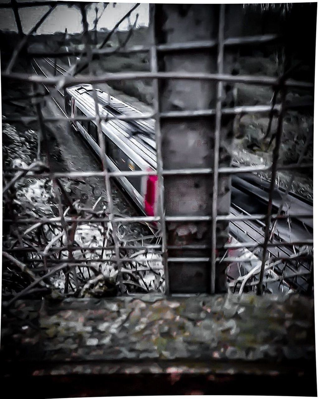 transfer print, auto post production filter, no people, architecture, metal, selective focus, day, built structure, outdoors, building, tree, plant, construction industry, close-up, building exterior, abandoned, nature, industry, absence, protection, iron