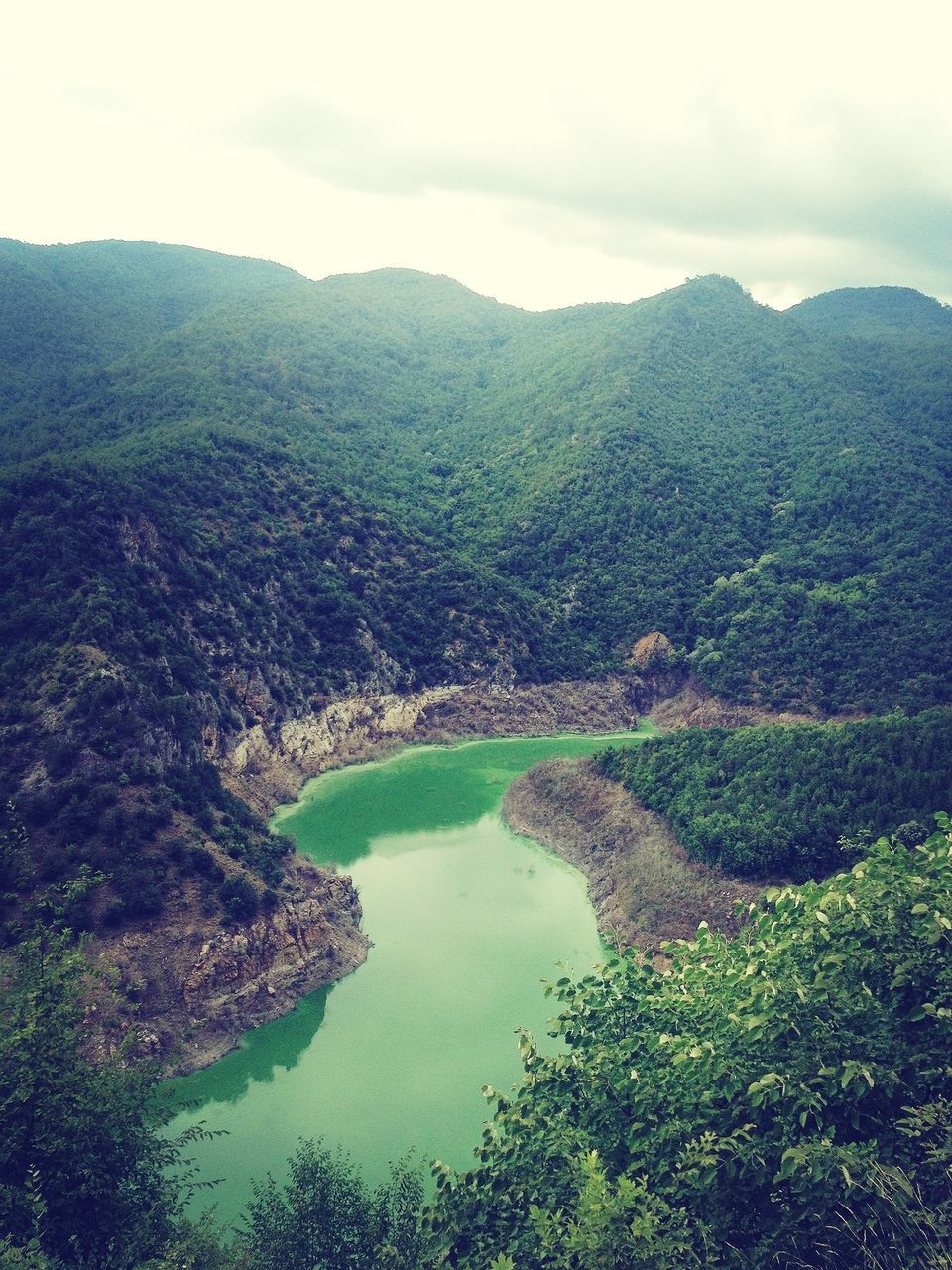 water, tranquil scene, scenics, tranquility, mountain, beauty in nature, sky, nature, tree, landscape, high angle view, river, green color, idyllic, lake, non-urban scene, cloud - sky, mountain range, reflection, day