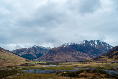 Scenic view of lake by mountains against sky