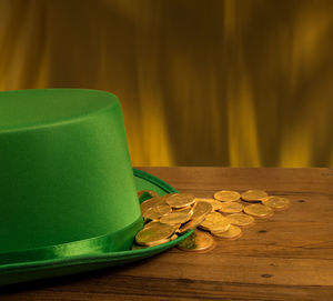 Close-up of coins on table