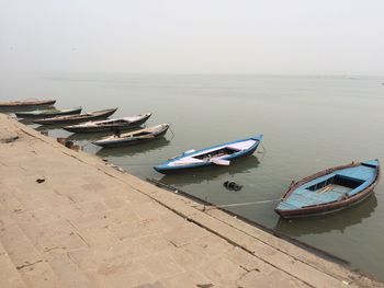 High angle view of boats moored in ganges river